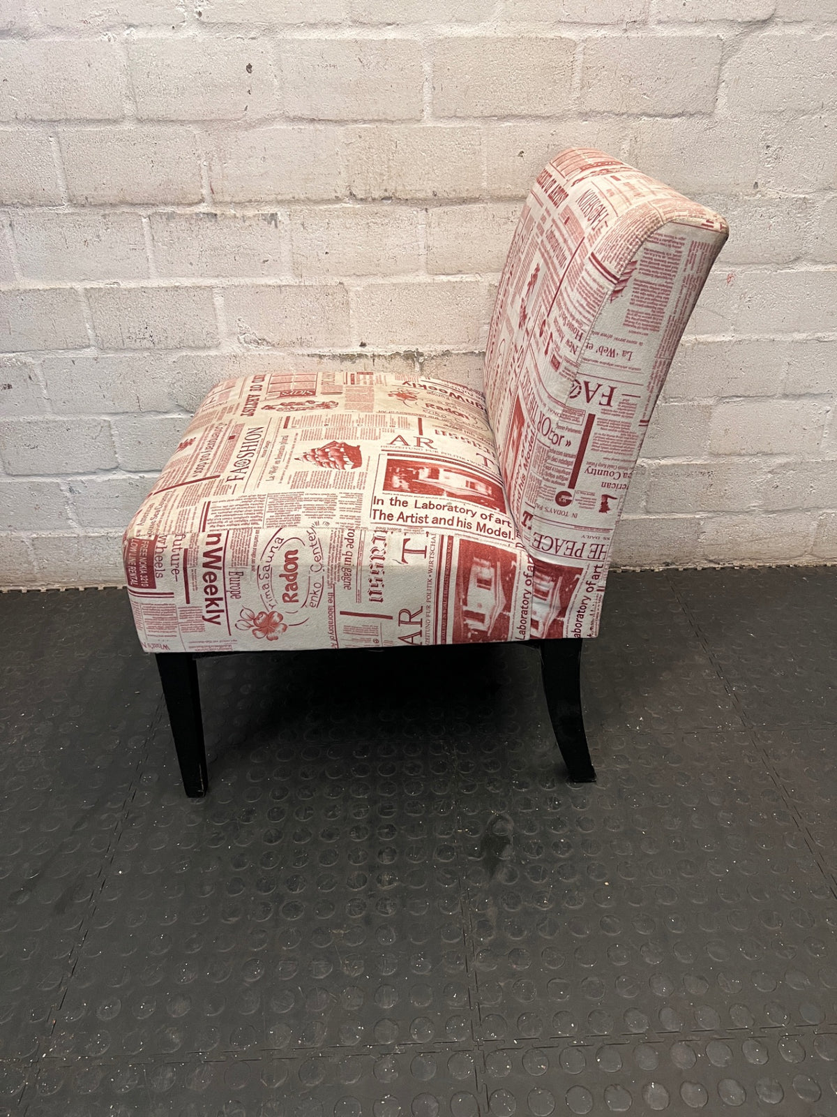 Newspaper Print Armless Accent Chair — Fair Used Condition – side view