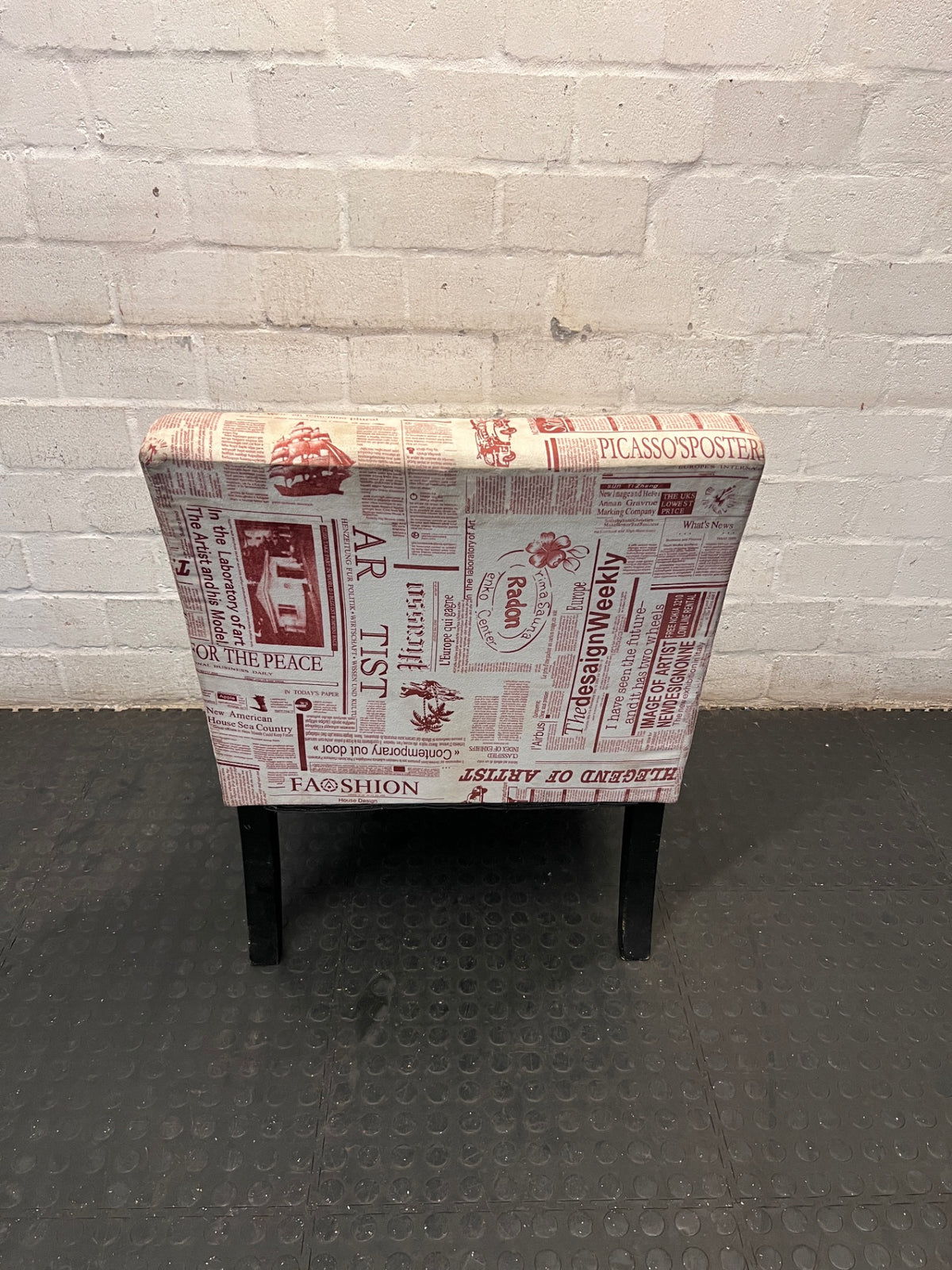Newspaper Print Armless Accent Chair — Fair Used Condition – top view