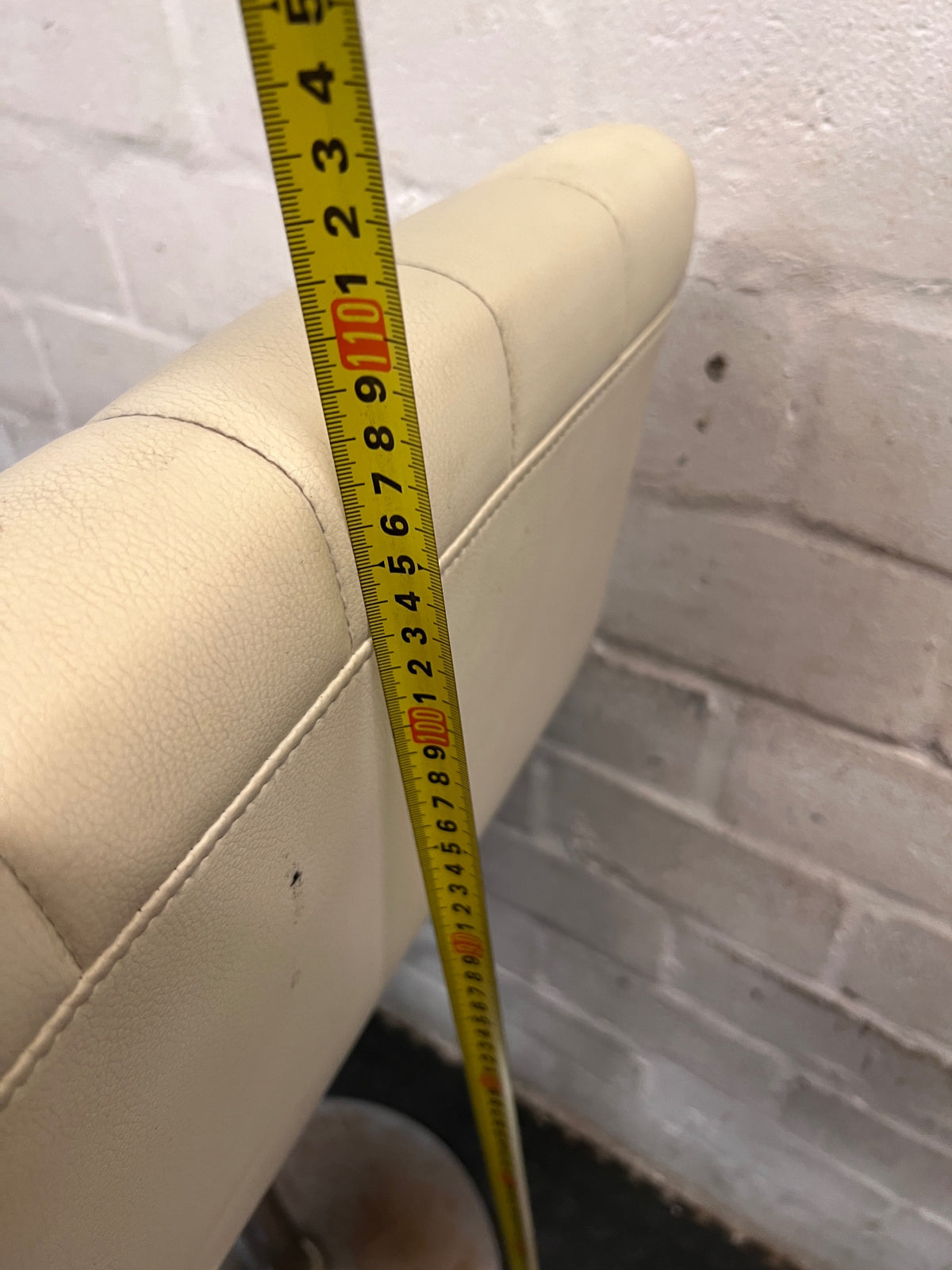 White Faux Leather Pedestal Bar Stool — Rust Spots on Bases and Worn Upholstery – height measurement