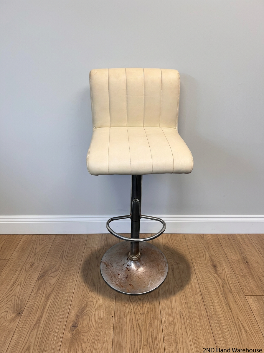 White Faux Leather Pedestal Bar Stool — Rust Spots on Bases and Worn Upholstery – styled product image