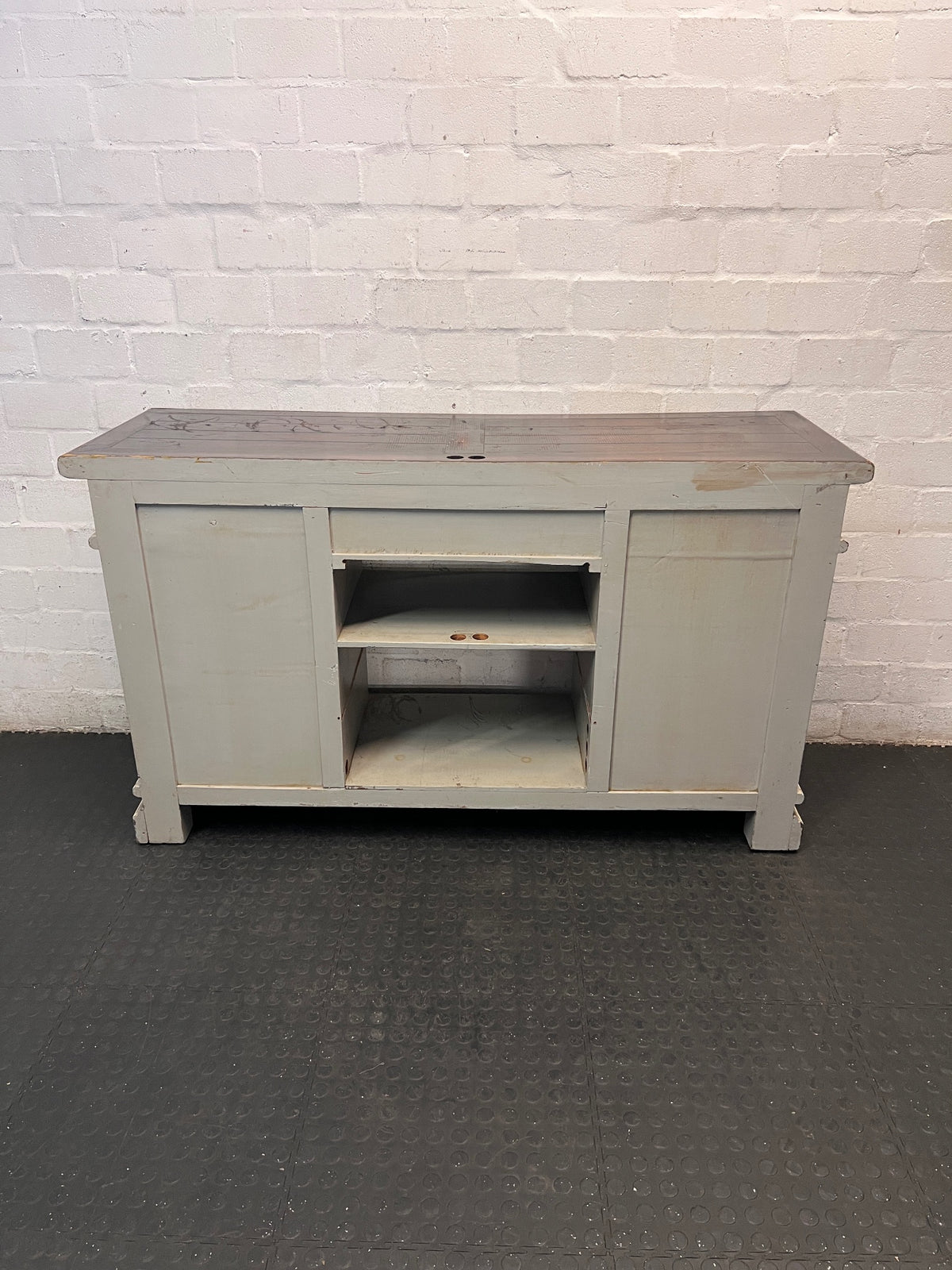 Large Rustic Distressed Painted TV Unit with Wood Top — Well Used with Significant Surface Wear – back view