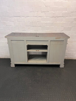 Large Rustic Distressed Painted TV Unit with Wood Top — Well Used with Significant Surface Wear – back view