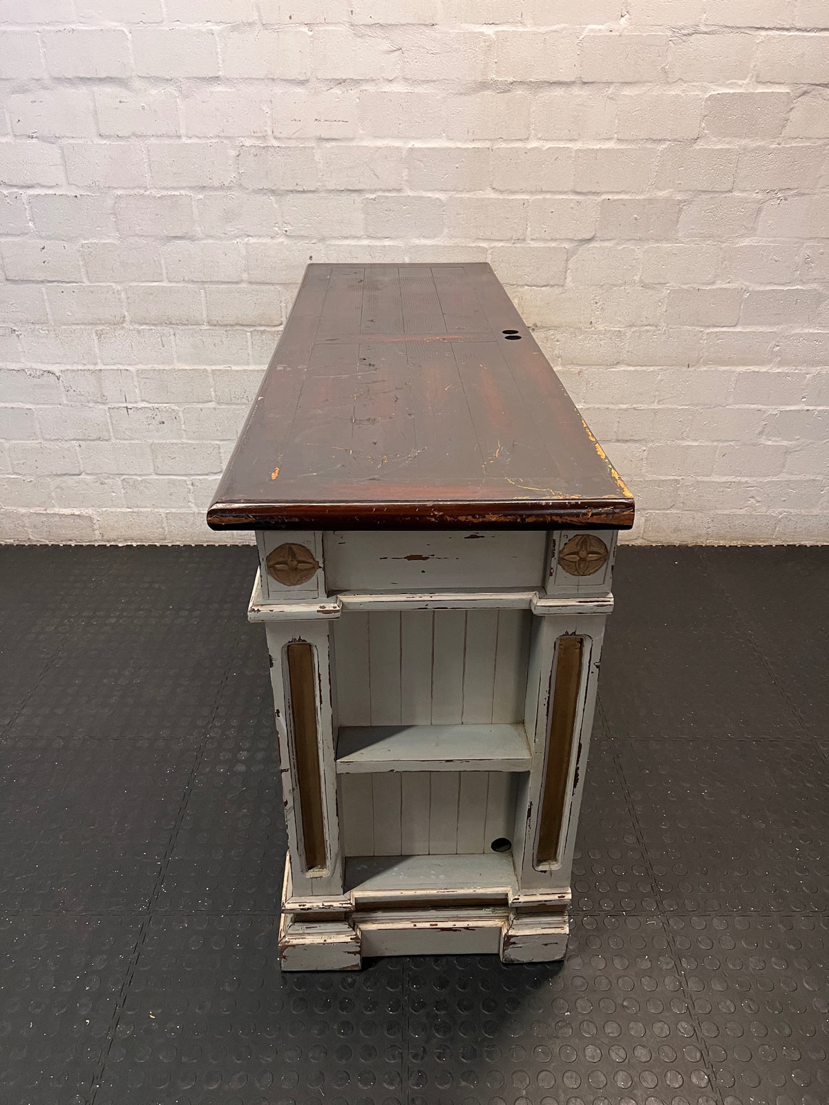 Large Rustic Distressed Painted TV Unit with Wood Top — Well Used with Significant Surface Wear – condition detail