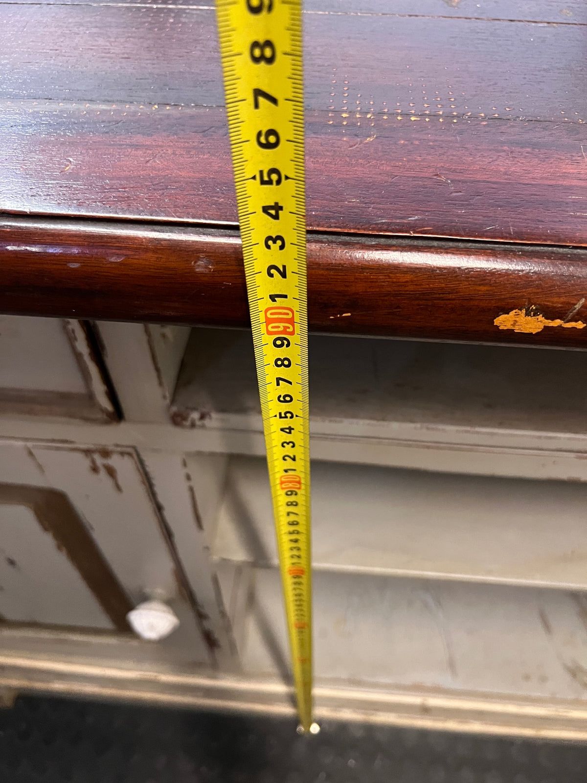 Large Rustic Distressed Painted TV Unit with Wood Top — Well Used with Significant Surface Wear – height measurement