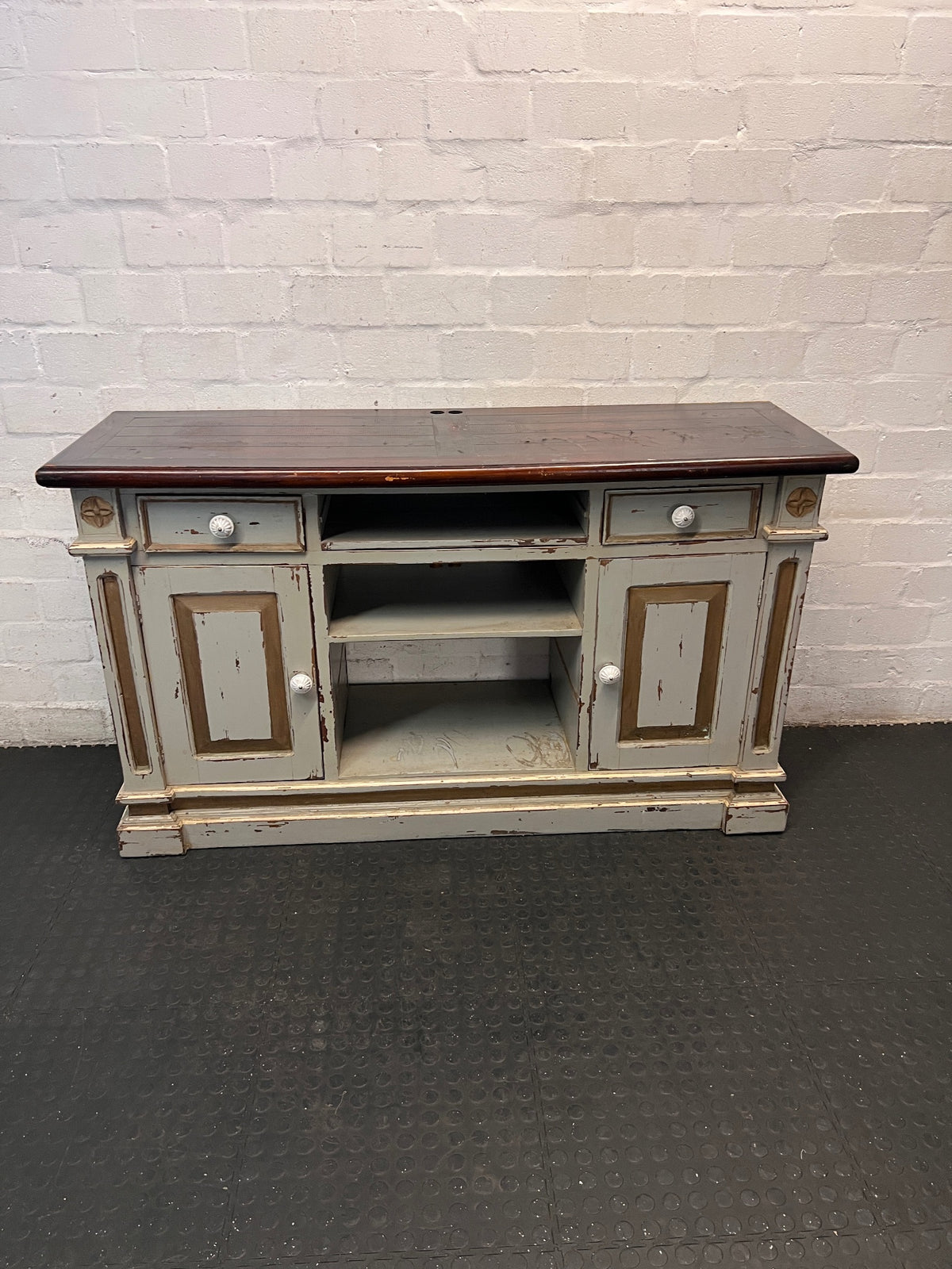 Large Rustic Distressed Painted TV Unit with Wood Top — Well Used with Significant Surface Wear – main front view