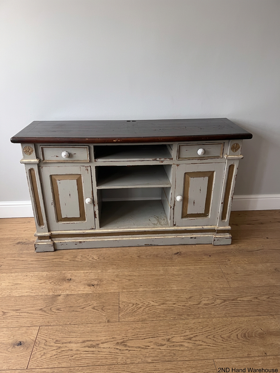 Large Rustic Distressed Painted TV Unit with Wood Top — Well Used with Significant Surface Wear – styled product image
