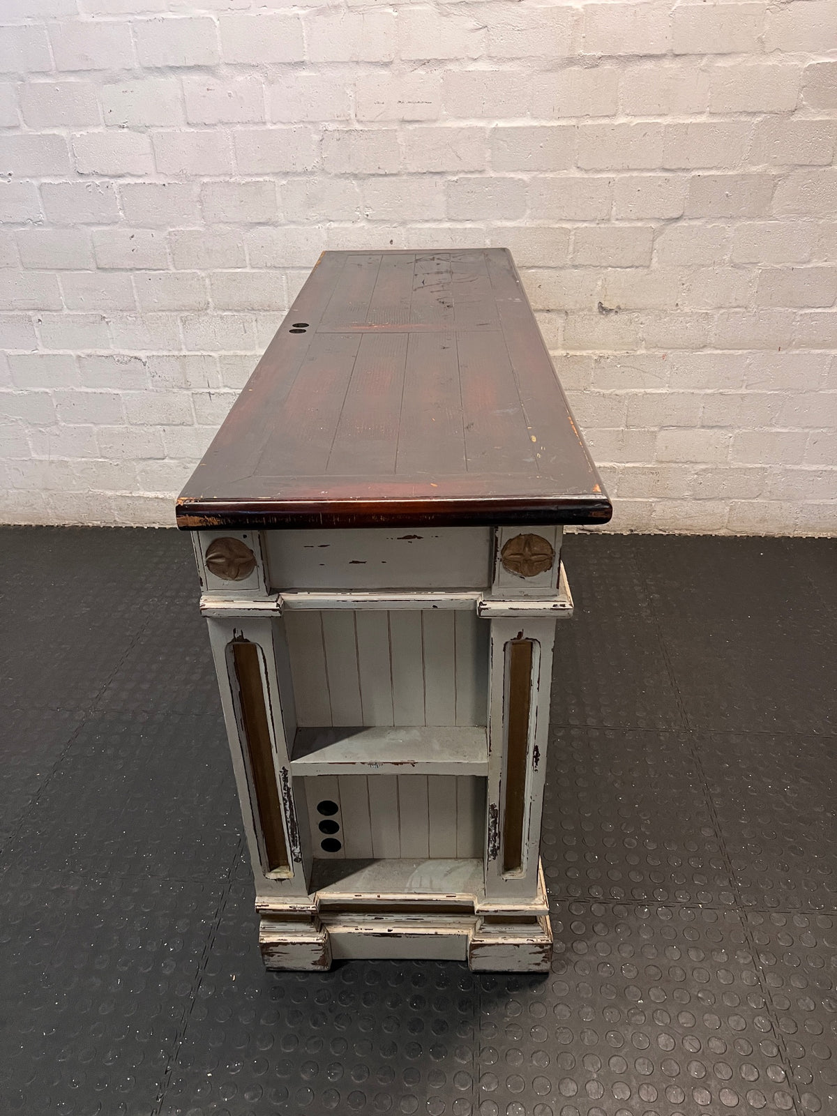 Large Rustic Distressed Painted TV Unit with Wood Top — Well Used with Significant Surface Wear – top view