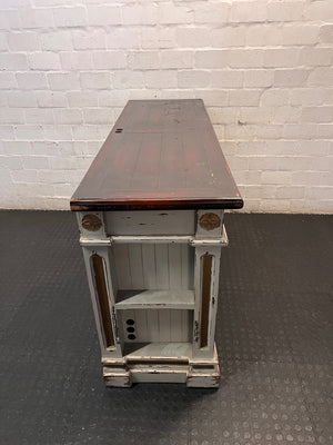 Large Rustic Distressed Painted TV Unit with Wood Top — Well Used with Significant Surface Wear – top view