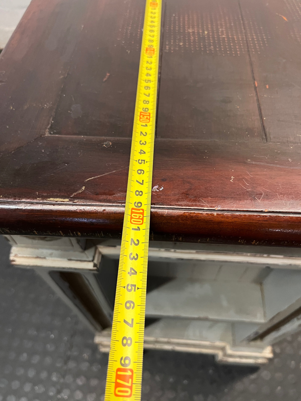 Large Rustic Distressed Painted TV Unit with Wood Top — Well Used with Significant Surface Wear – width measurement
