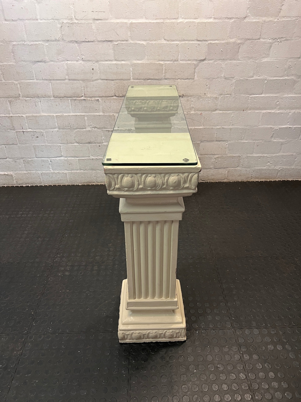 Glass Top Console Table with Fluted Pillar Base — Well Used Condition – back view