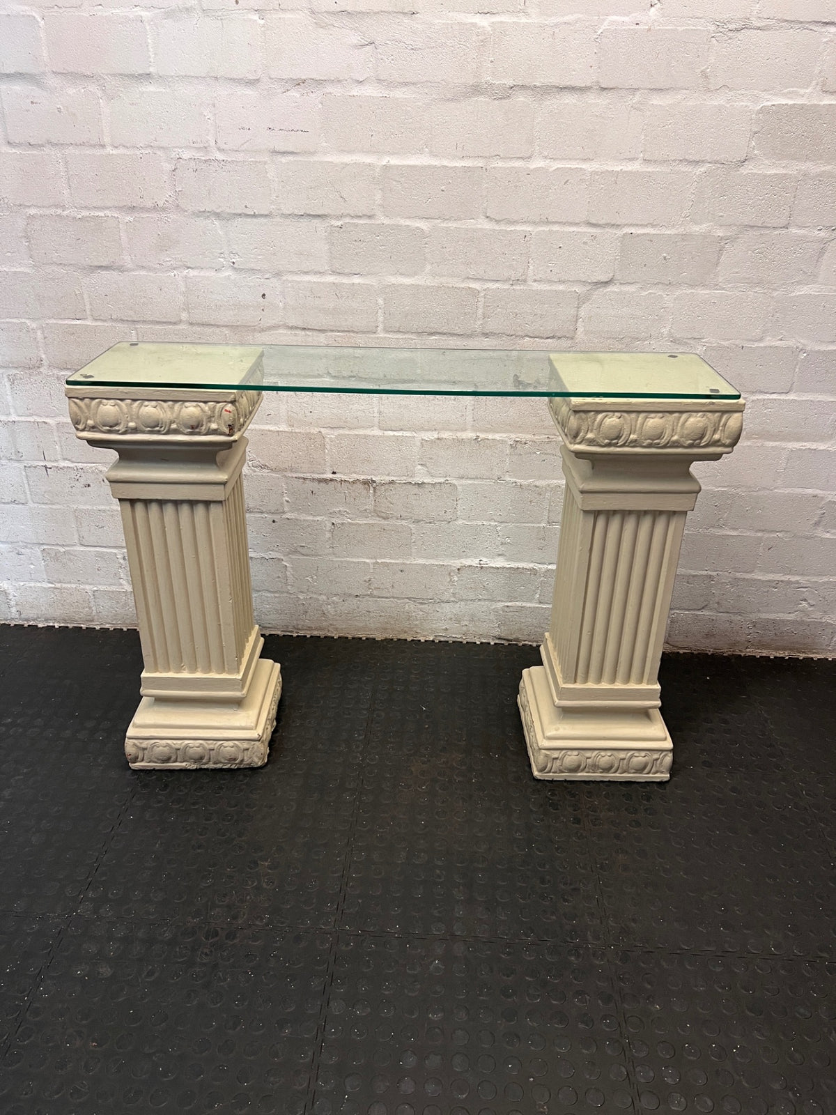 Glass Top Console Table with Fluted Pillar Base — Well Used Condition – condition detail