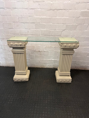 Glass Top Console Table with Fluted Pillar Base — Well Used Condition – condition detail
