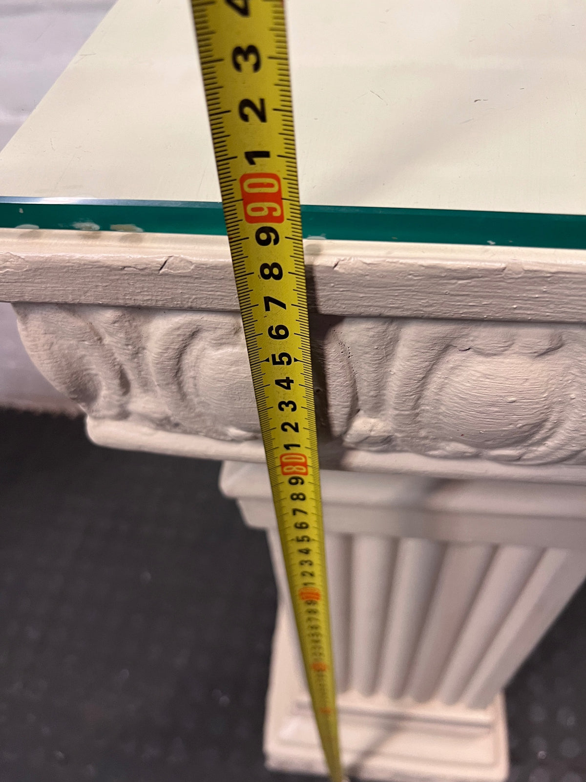 Glass Top Console Table with Fluted Pillar Base — Well Used Condition – height measurement