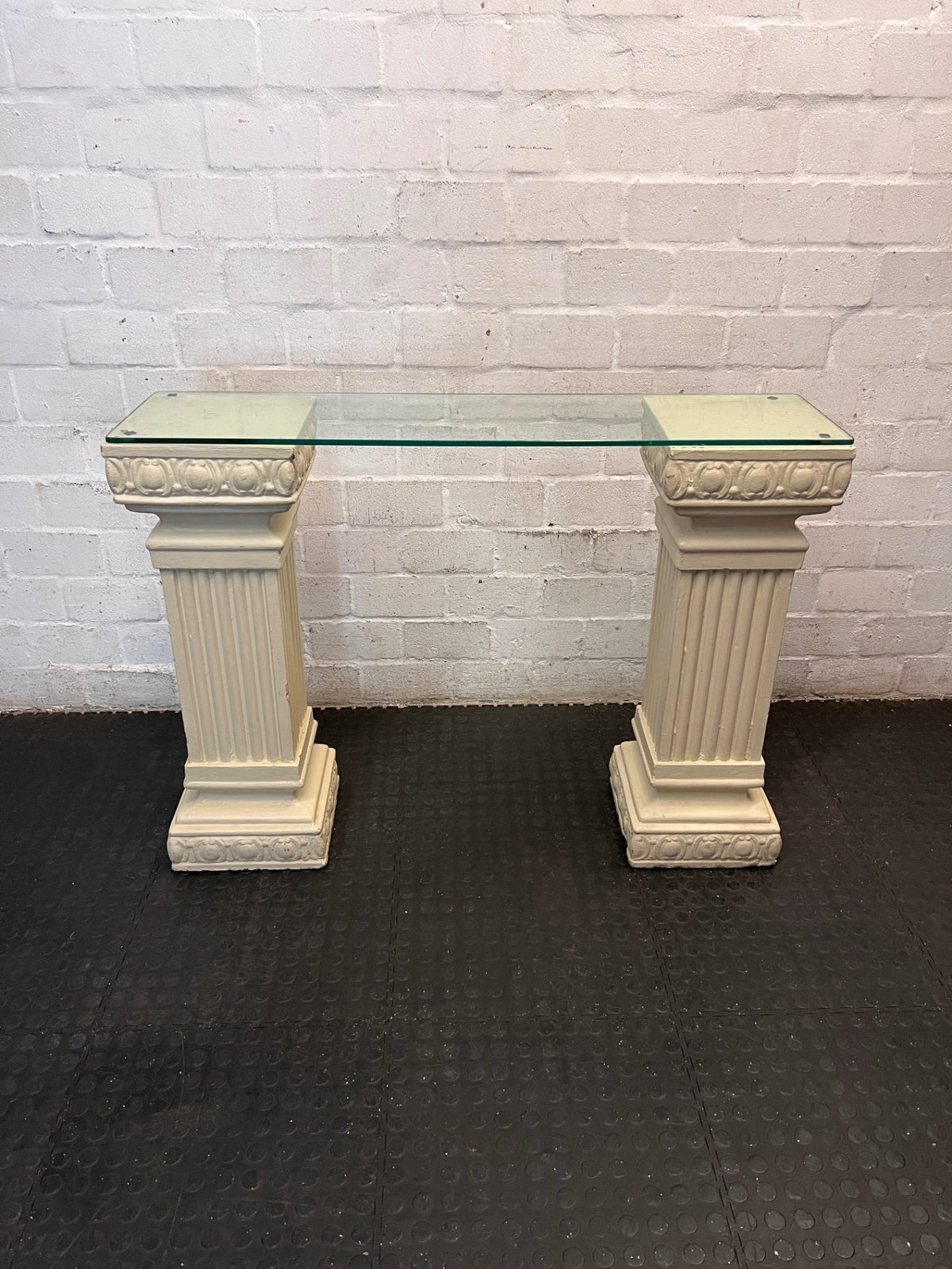 Glass Top Console Table with Fluted Pillar Base — Well Used Condition – main front view