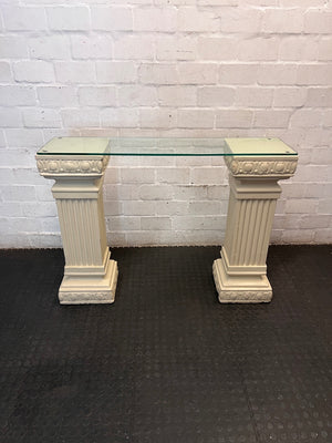 Glass Top Console Table with Fluted Pillar Base — Well Used Condition – main front view