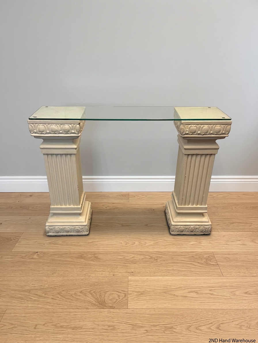 Glass Top Console Table with Fluted Pillar Base — Well Used Condition – styled product image