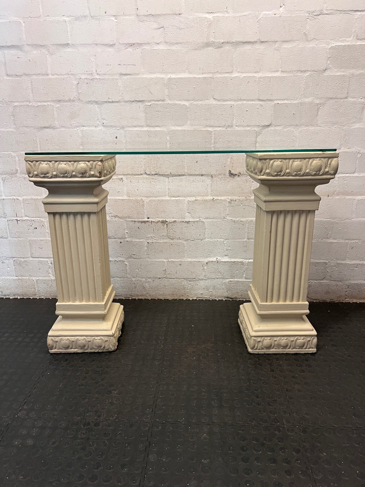 Glass Top Console Table with Fluted Pillar Base — Well Used Condition – top view