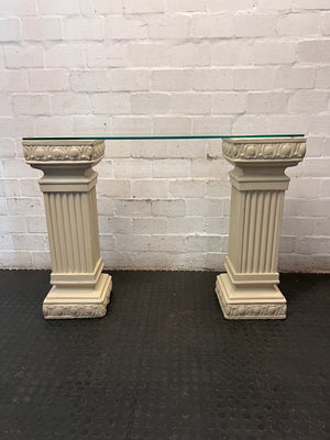 Glass Top Console Table with Fluted Pillar Base — Well Used Condition – top view