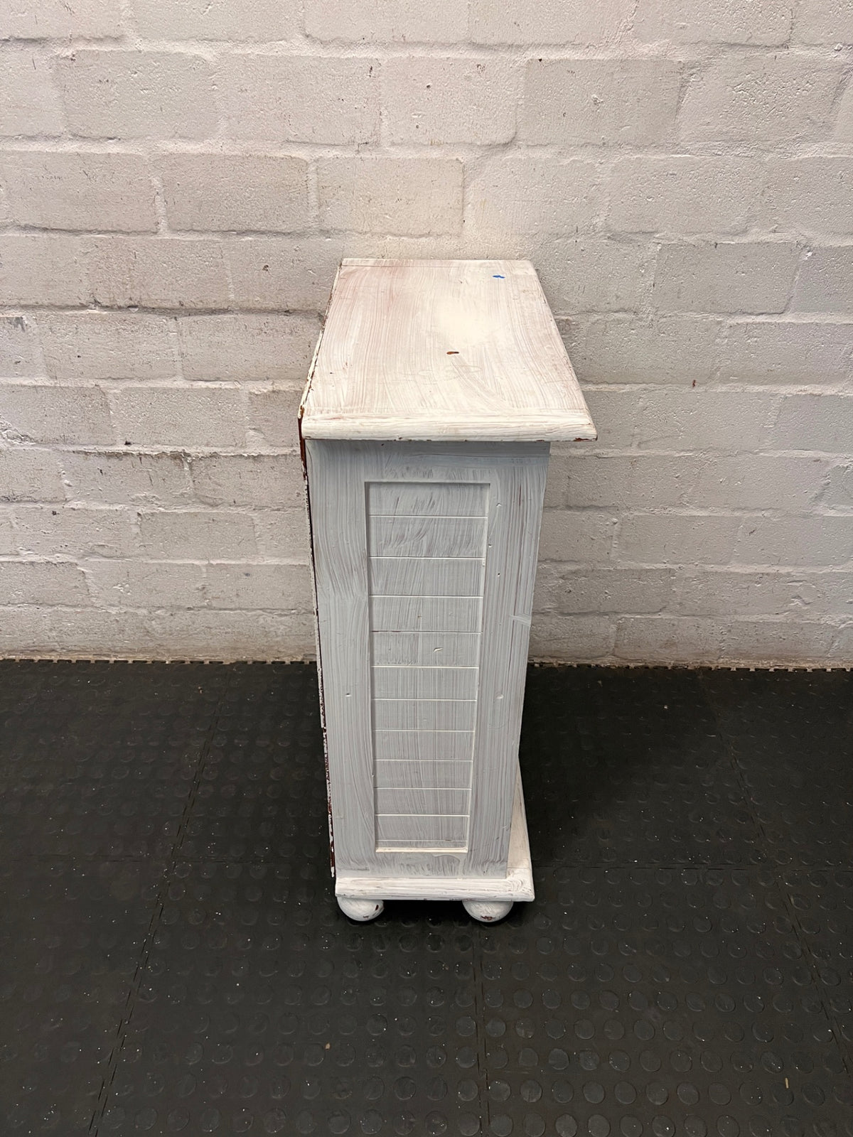 Compact White Two-Tier Bookshelf — Well Used with Significant Paint Wear – back view