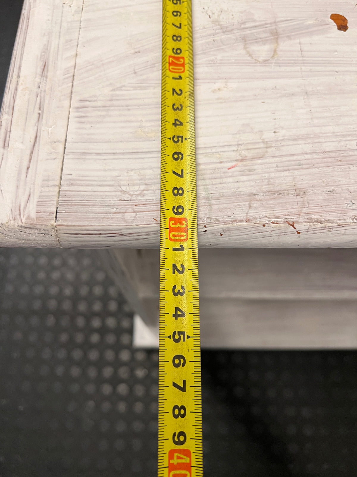 Compact White Two-Tier Bookshelf — Well Used with Significant Paint Wear – depth measurement