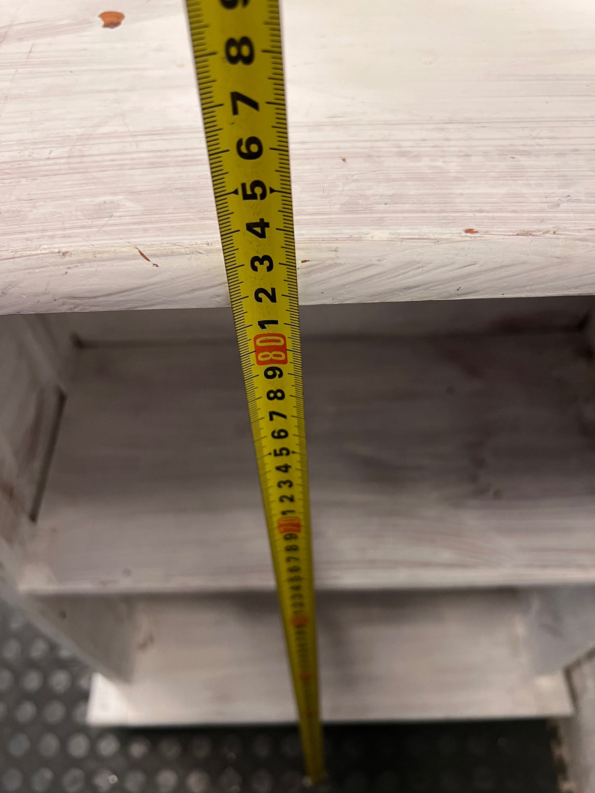 Compact White Two-Tier Bookshelf — Well Used with Significant Paint Wear – height measurement