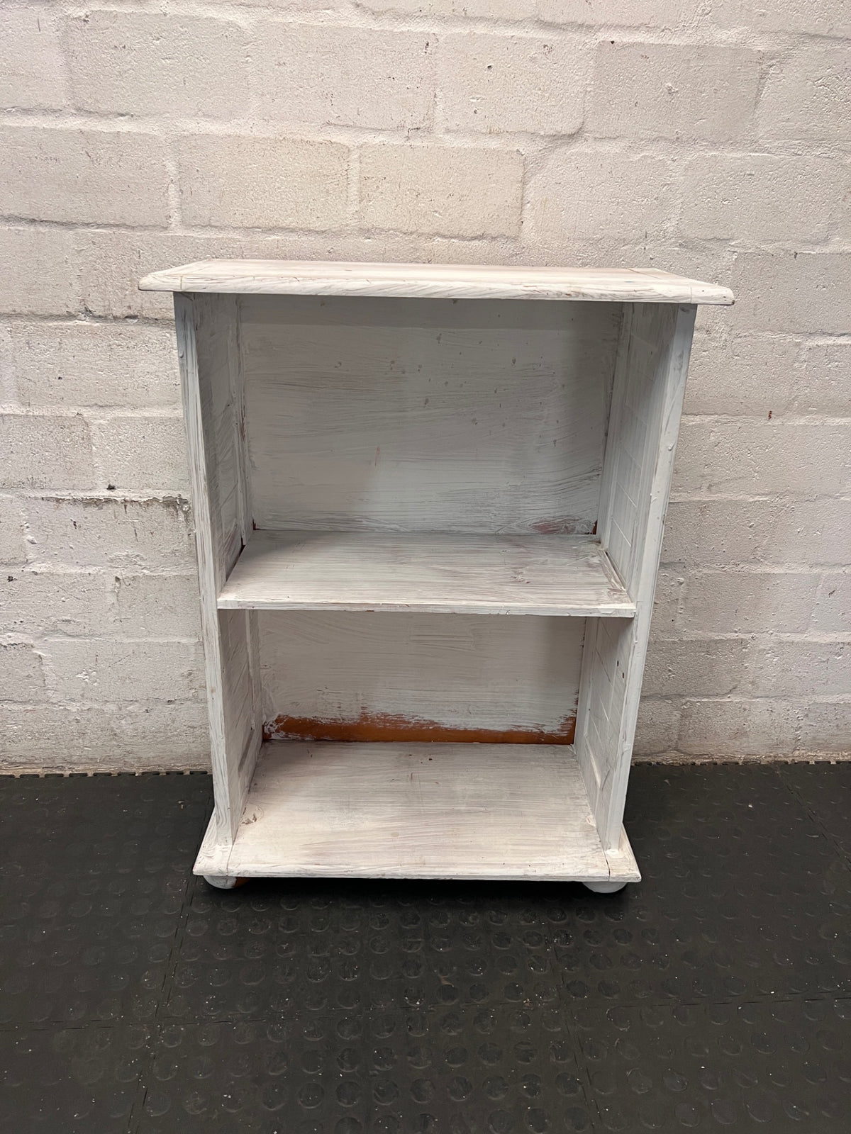 Compact White Two-Tier Bookshelf — Well Used with Significant Paint Wear – main front view