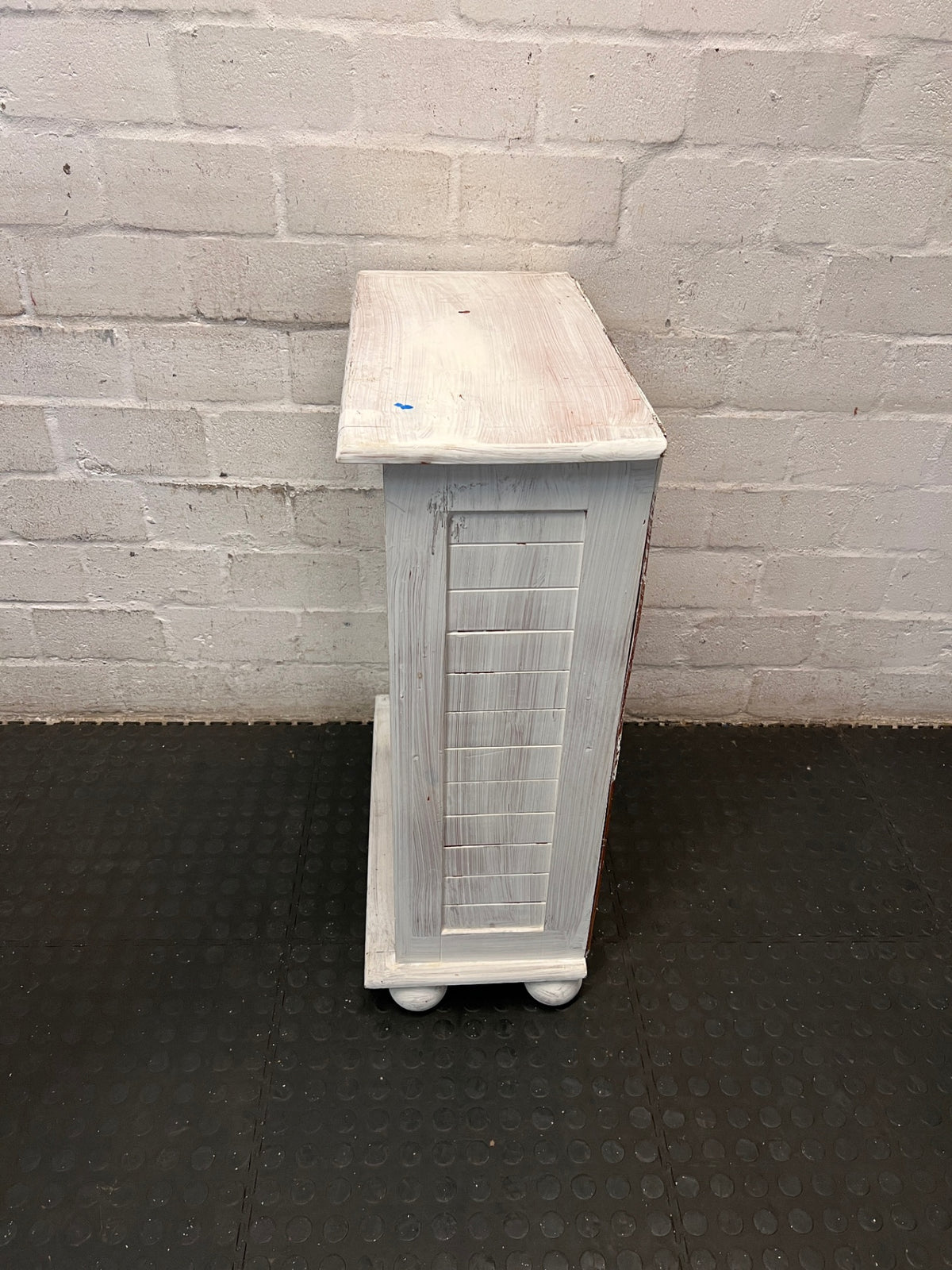 Compact White Two-Tier Bookshelf — Well Used with Significant Paint Wear – side view