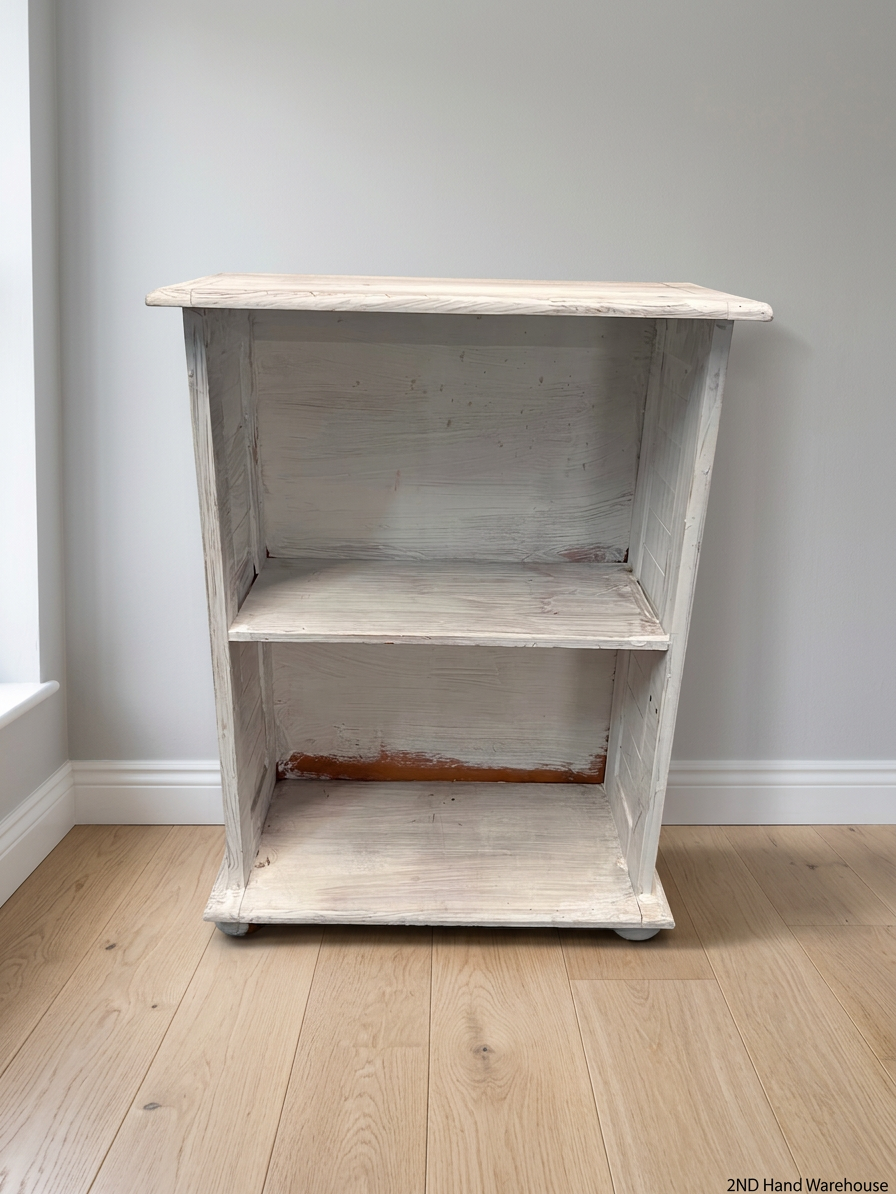 Compact White Two-Tier Bookshelf — Well Used with Significant Paint Wear – styled product image