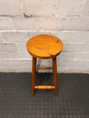 Classic Brown Wooden Bar Stool with Round Seat — Worn Condition with Structural Wear – top view