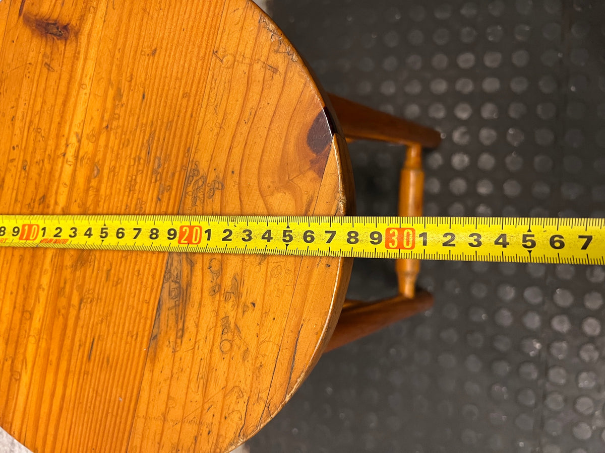Classic Brown Wooden Bar Stool with Round Seat — Worn Condition with Structural Wear – width measurement