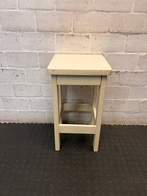 Off-White Wooden Square Bar Stool — Well Used with Visible Surface Wear – main front view