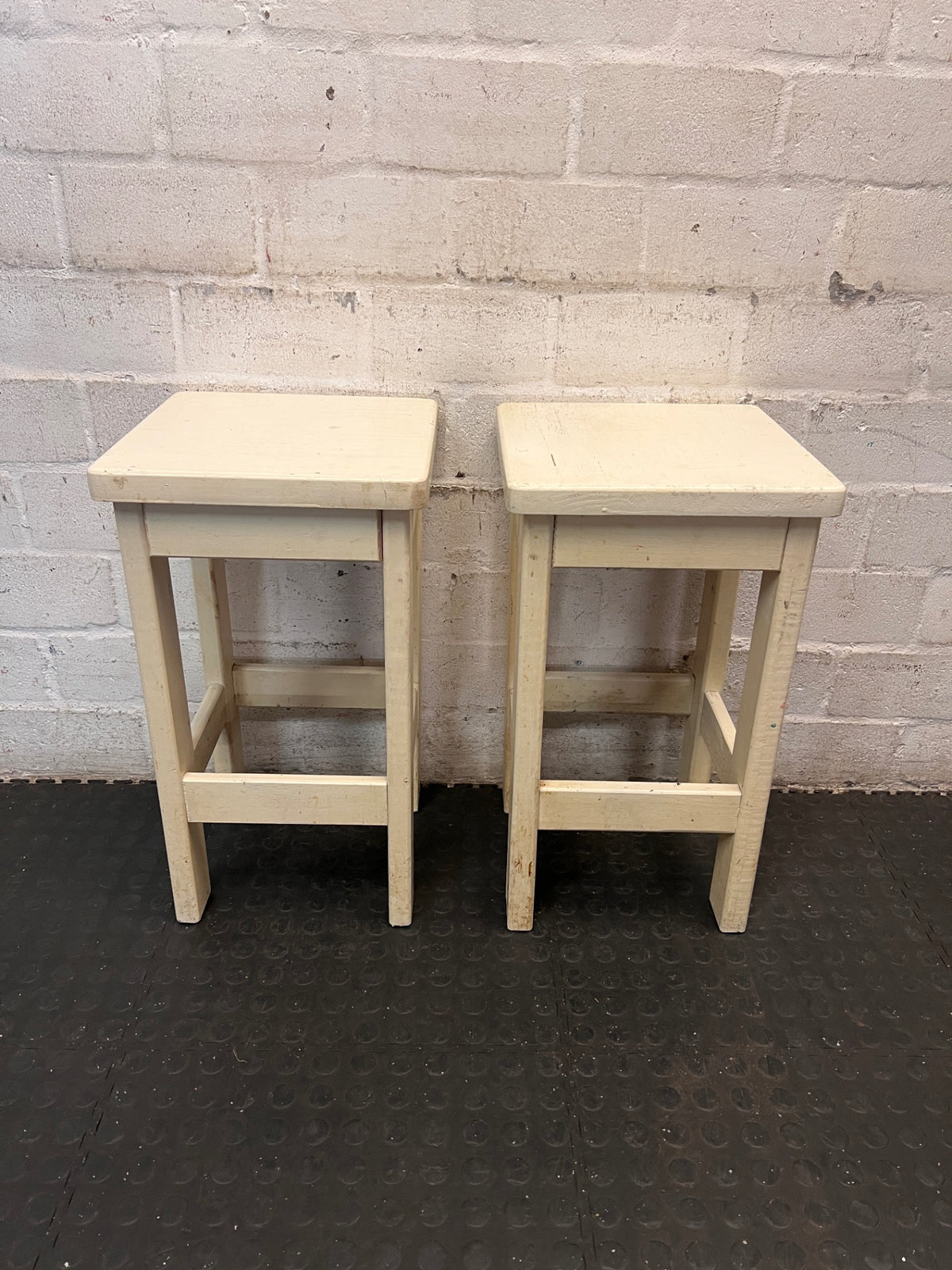 Off-White Wooden Square Bar Stool — Well Used with Visible Surface Wear – side view