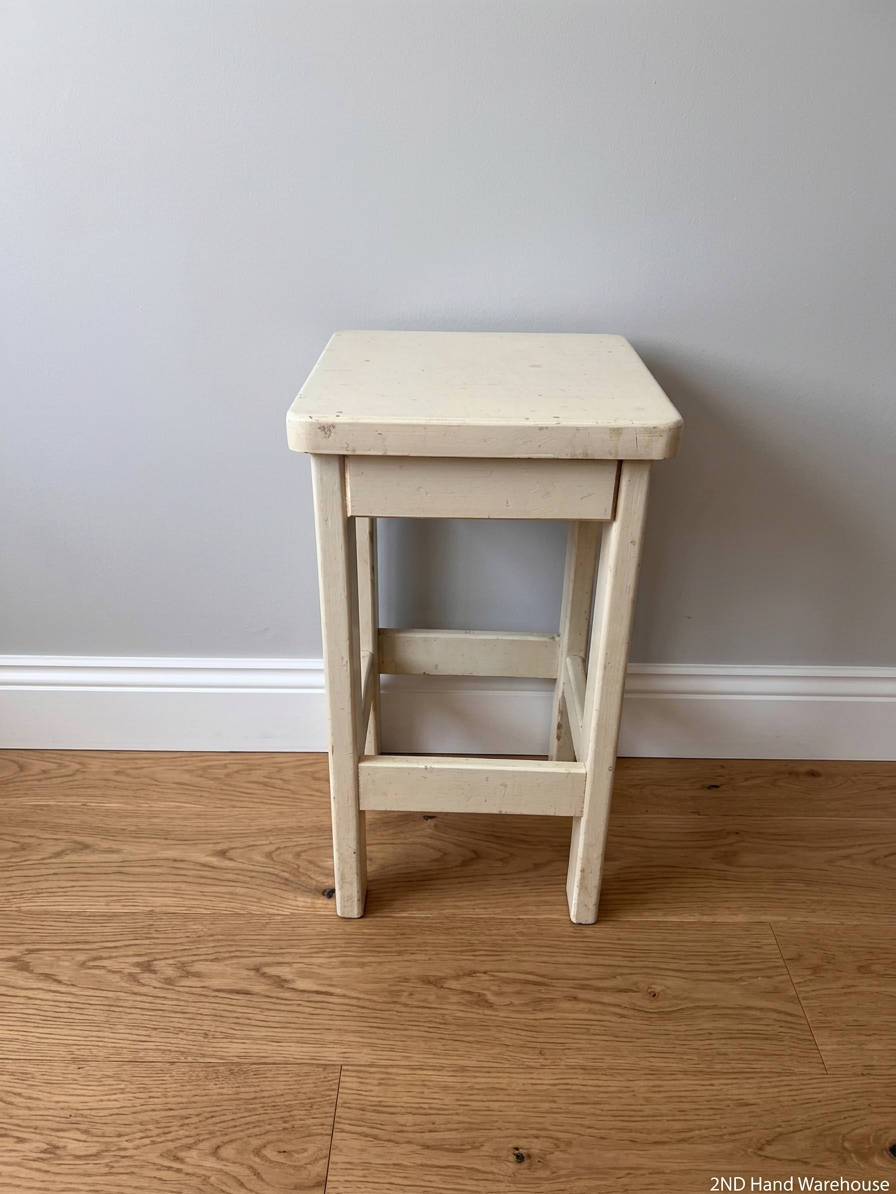 Off-White Wooden Square Bar Stool — Well Used with Visible Surface Wear – styled product image