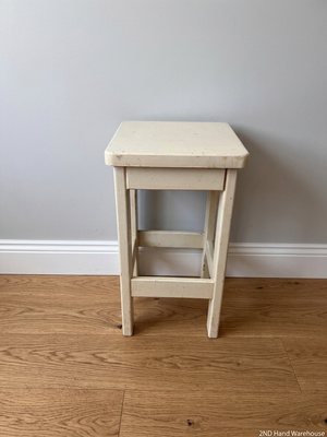 Off-White Wooden Square Bar Stool — Well Used with Visible Surface Wear – styled product image