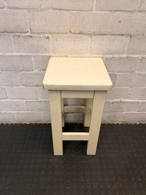 Off-White Wooden Square Bar Stool — Well Used with Visible Surface Wear – top view