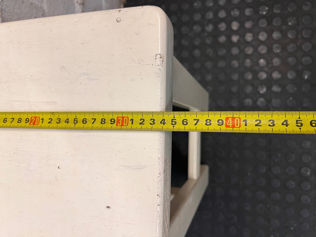 Off-White Wooden Square Bar Stool — Well Used with Visible Surface Wear – width measurement