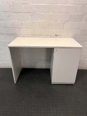 Compact White Office Desk with Right-Hand Pedestal — Visible Wear and Structural Damage – main front view