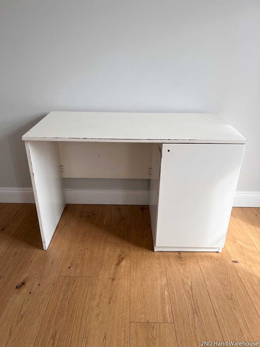 Compact White Office Desk with Right-Hand Pedestal — Visible Wear and Structural Damage – styled product image