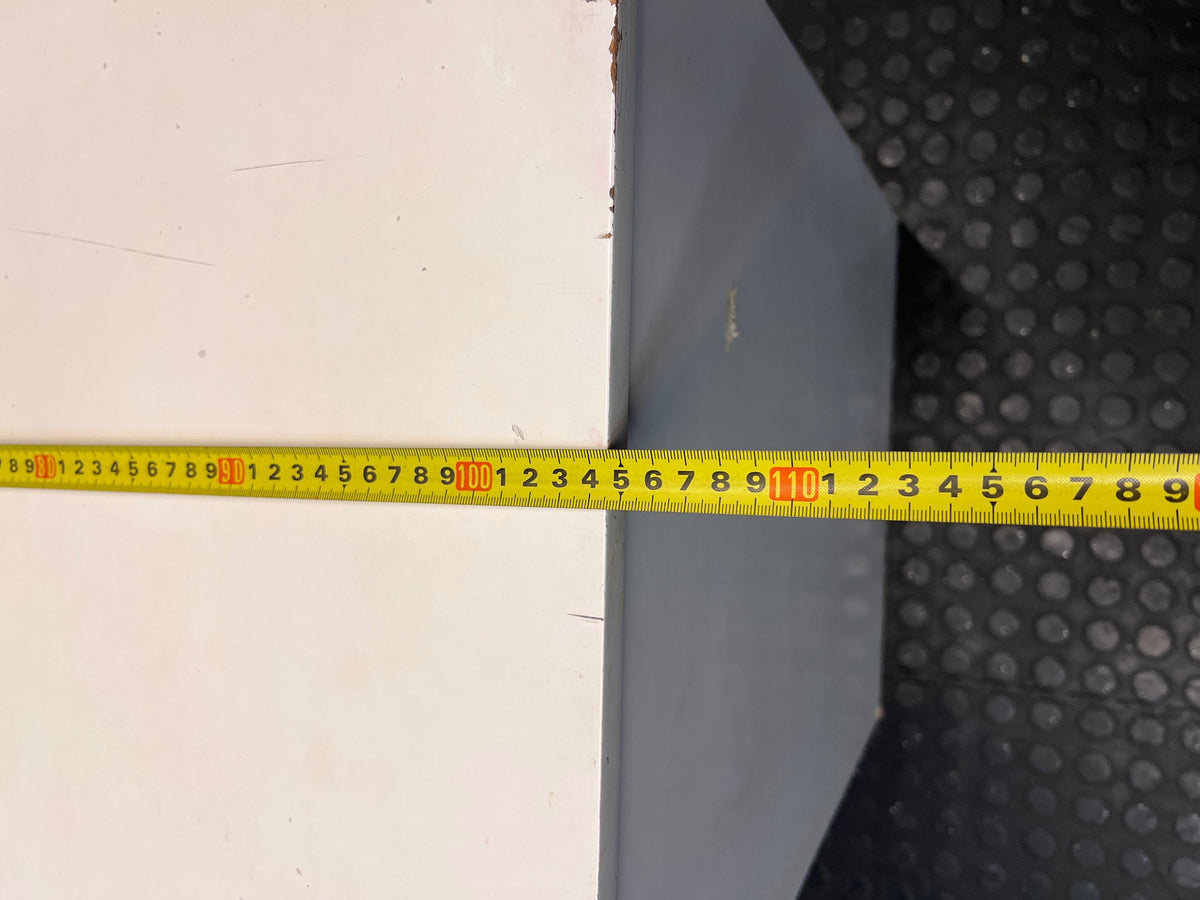 Compact White Office Desk with Right-Hand Pedestal — Visible Wear and Structural Damage – width measurement
