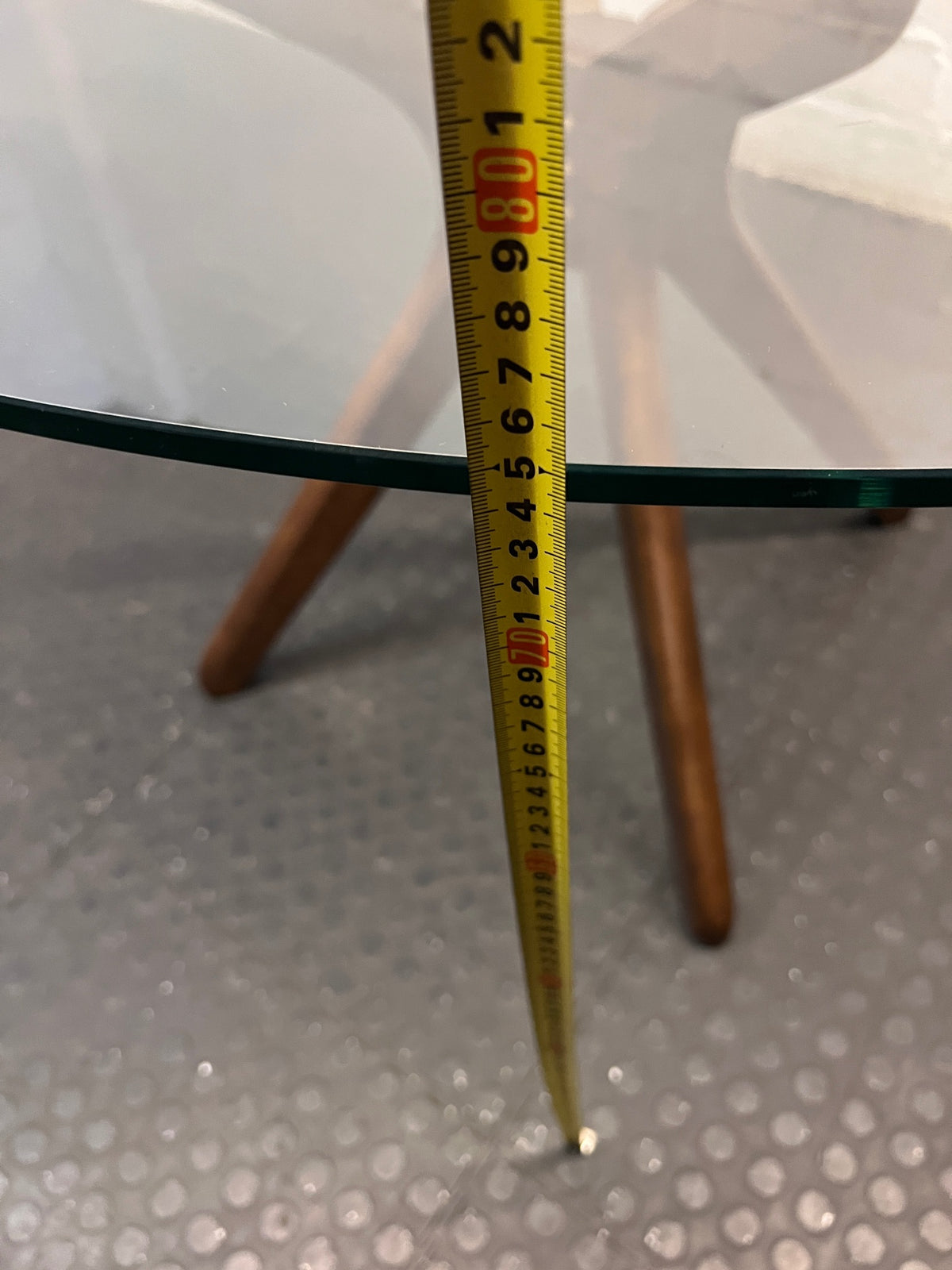 @home Round Glass Top Dining Table with Wood Base — Minor Scratches on Leg and Missing Bolt Cover – height measurement
