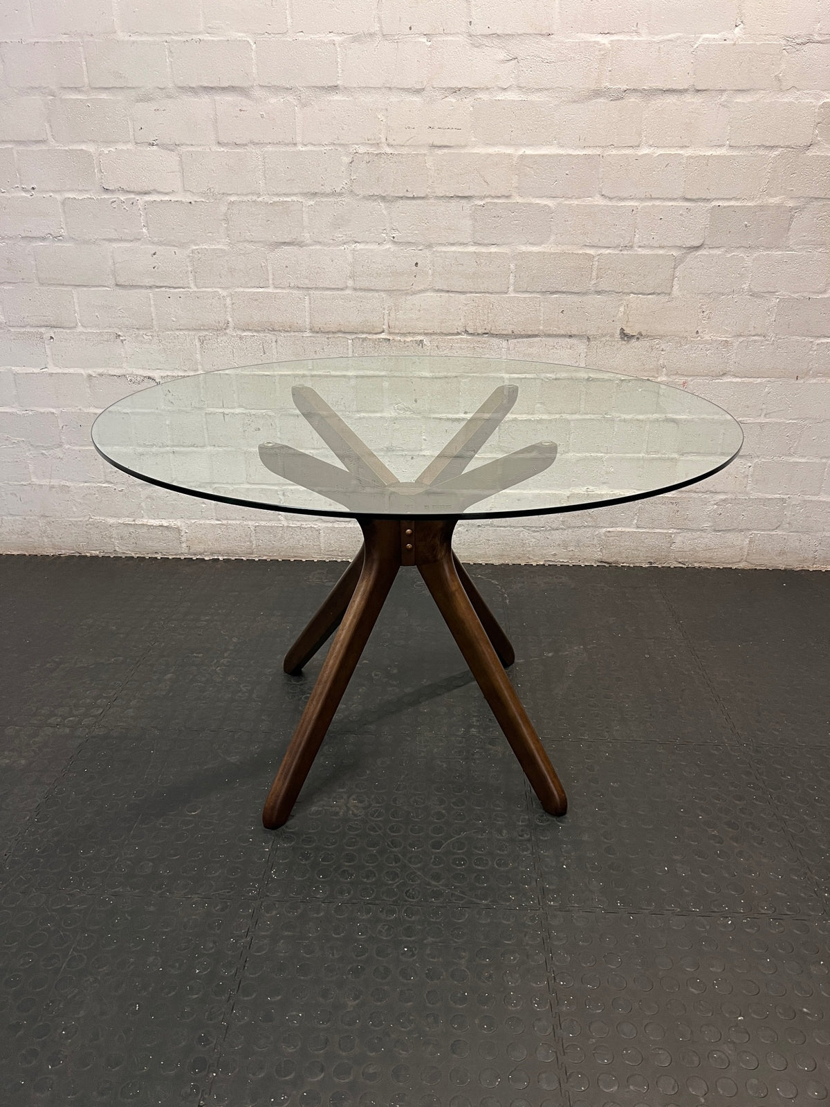 @home Round Glass Top Dining Table with Wood Base — Minor Scratches on Leg and Missing Bolt Cover – main front view