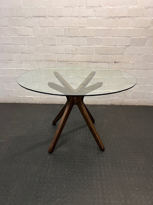 @home Round Glass Top Dining Table with Wood Base — Minor Scratches on Leg and Missing Bolt Cover – main front view