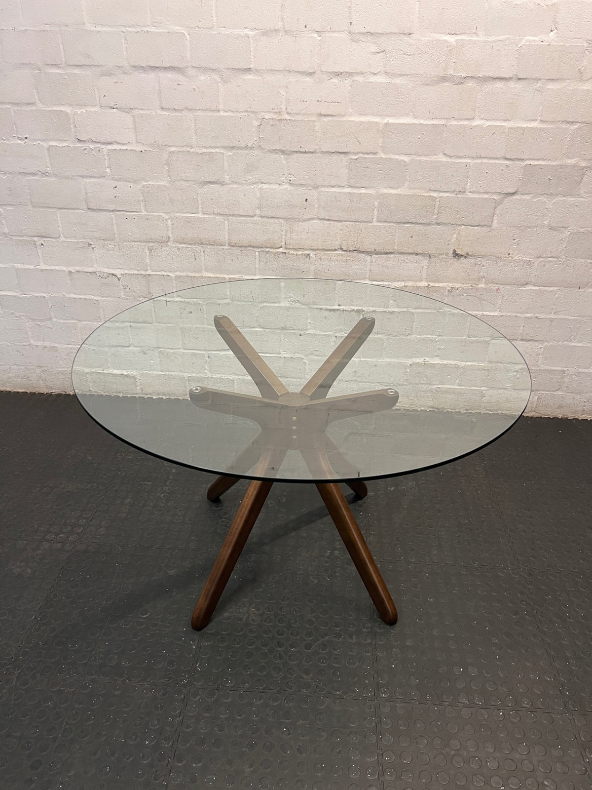 @home Round Glass Top Dining Table with Wood Base — Minor Scratches on Leg and Missing Bolt Cover – side view