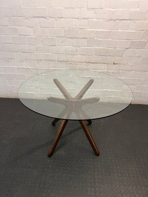 @home Round Glass Top Dining Table with Wood Base — Minor Scratches on Leg and Missing Bolt Cover – side view