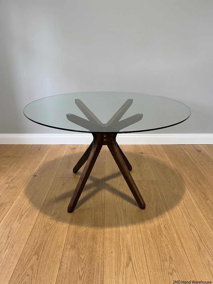 @home Round Glass Top Dining Table with Wood Base — Minor Scratches on Leg and Missing Bolt Cover – styled product image