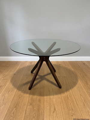 @home Round Glass Top Dining Table with Wood Base — Minor Scratches on Leg and Missing Bolt Cover – styled product image