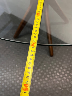 @home Round Glass Top Dining Table with Wood Base — Minor Scratches on Leg and Missing Bolt Cover – width measurement