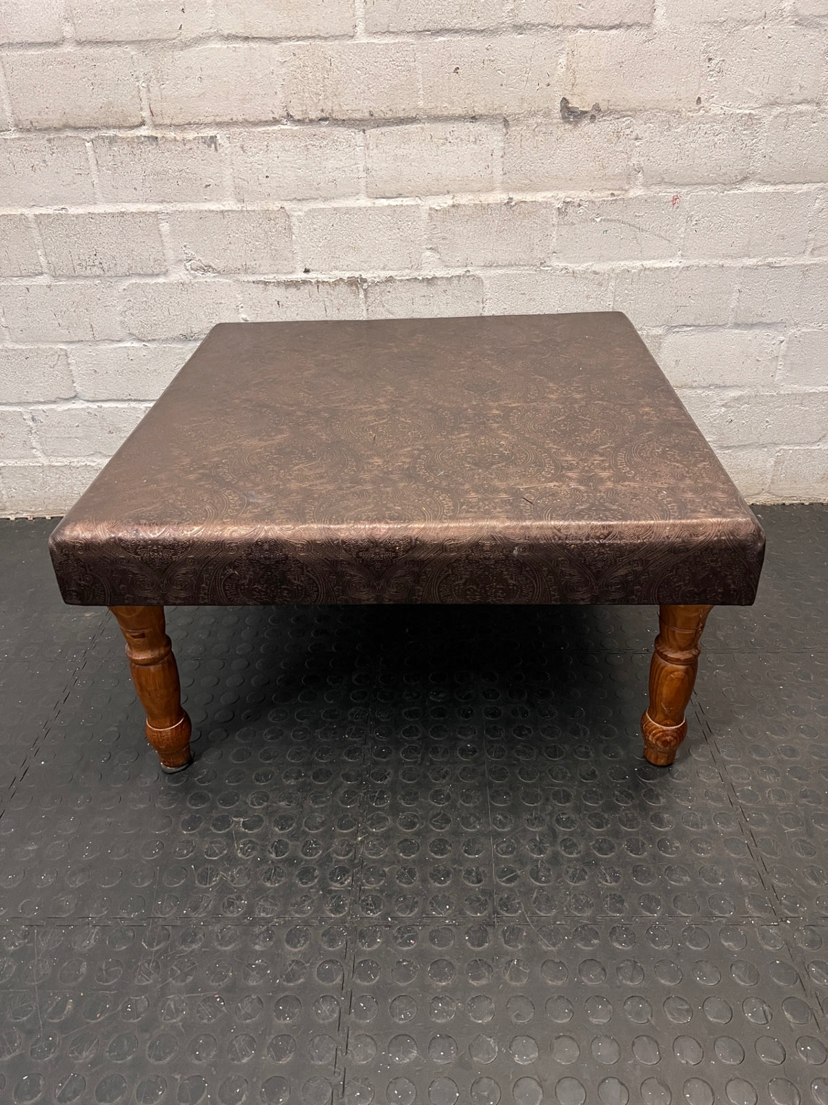 Brown Upholstered Square Coffee Table with Turned Legs — Well Used Condition – back view
