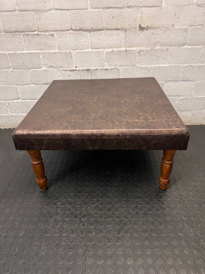 Brown Upholstered Square Coffee Table with Turned Legs — Well Used Condition – back view