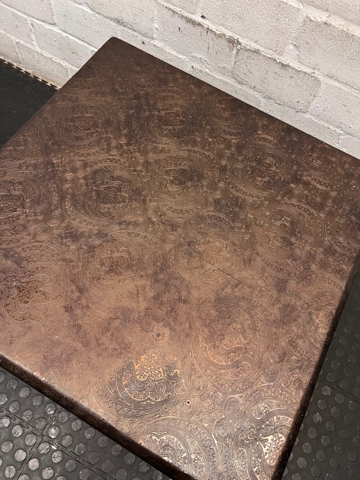 Brown Upholstered Square Coffee Table with Turned Legs — Well Used Condition – condition detail